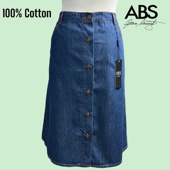 ABS ALLEN SCHWARTZ *NWT* 100% COTTON A-LINE DENIM BUTTON DOWN SKIRT SIZE 29 - Picture 1 of 16